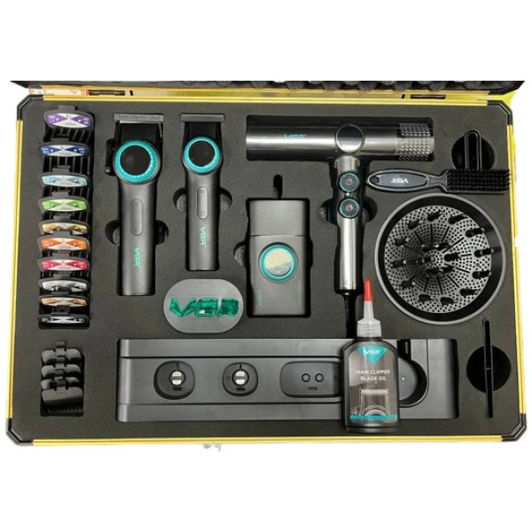 Профессиональный комплект VGR STEPLERSS PRO 4 IN 1 BLACK, машинка для стрижки (Clipper), триммер, электробритва, фен