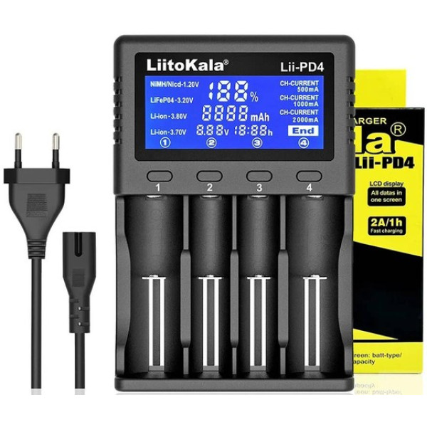 Зарядное устройство LiitoKala Lii-PD4, 4хАА/ ААА/ A/ 14500/ 16340/ 18350/ 18650/ 26650, LiFePO4, NiCd/NiMH аккумуляторов