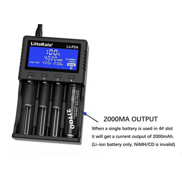 Зарядное устройство LiitoKala Lii-PD4, 4хАА/ ААА/ A/ 14500/ 16340/ 18350/ 18650/ 26650, LiFePO4, NiCd/NiMH аккумуляторов
