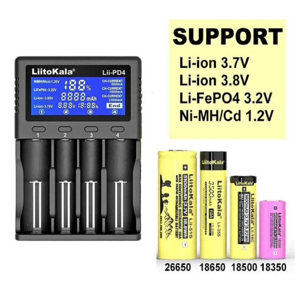Зарядное устройство LiitoKala Lii-PD4, 4хАА/ ААА/ A/ 14500/ 16340/ 18350/ 18650/ 26650, LiFePO4, NiCd/NiMH аккумуляторов