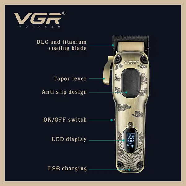 Аккумуляторная машинка для стрижки (clipper) VGR V-027, 8 насадок, 7000 RPM, 2600 mAh, LED display