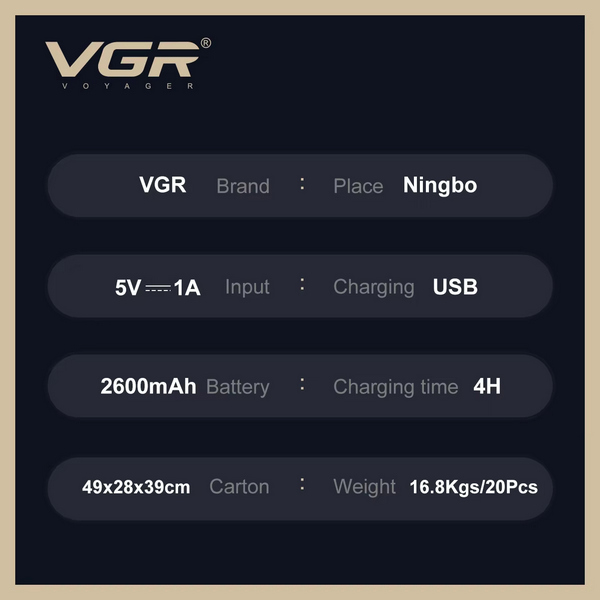 Аккумуляторная машинка для стрижки (clipper) VGR V-027, 8 насадок, 7000 RPM, 2600 mAh, LED display