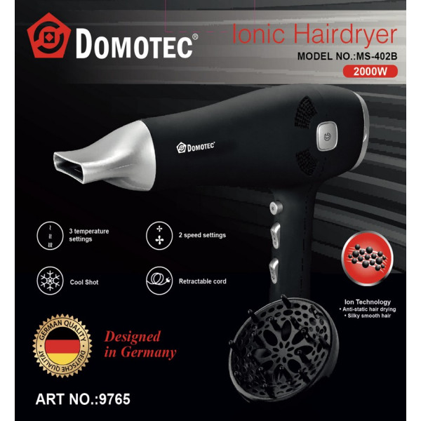 Фен с функцией ионизации Domotec MS 402B концентратор, диффузор 2000 Вт