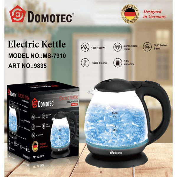 Электрический стеклянный чайник с LED подсветкой Domotec MS 7910 1л, 1600Вт