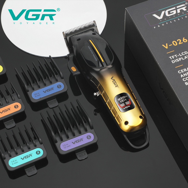 Аккумуляторная машинка для стрижки (clipper) VGR V-026 GOLD, 6 насадок, 9000 RPM, LED display