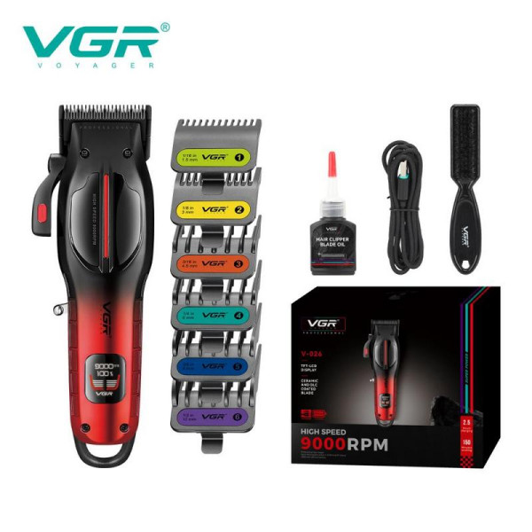 Аккумуляторная машинка для стрижки (clipper) VGR V-026 RED, 6 насадок, 9000 RPM, LED display