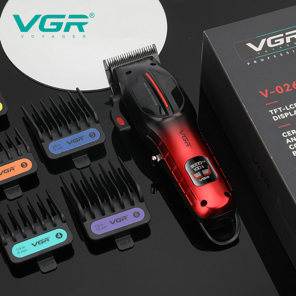 Аккумуляторная машинка для стрижки (clipper) VGR V-026 RED, 6 насадок, 9000 RPM, LED display