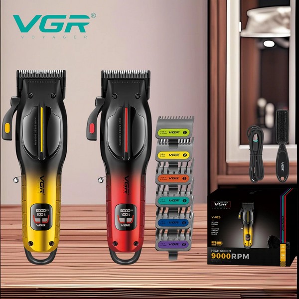 Аккумуляторная машинка для стрижки (clipper) VGR V-026 RED, 6 насадок, 9000 RPM, LED display