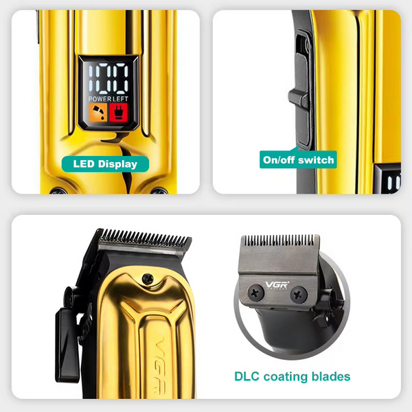 Аккумуляторная машинка для стрижки (clipper) VGR V-138 GOLD, 4 насадки, 7000 RPM, 2500 mAh, LED display
