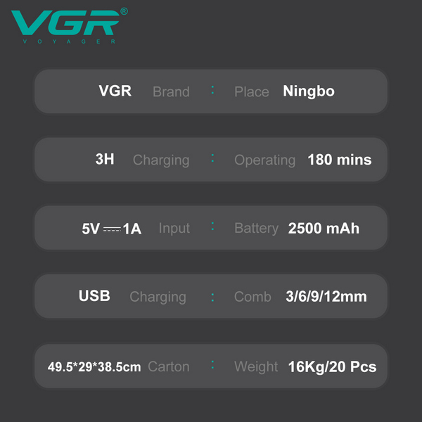 Аккумуляторная машинка для стрижки (clipper) VGR V-138 GOLD, 4 насадки, 7000 RPM, 2500 mAh, LED display