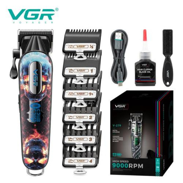 Аккумуляторная машинка для стрижки (clipper) VGR V-279 RED, 6 насадок, 9000 RPM, 2500 mAh, LED display
