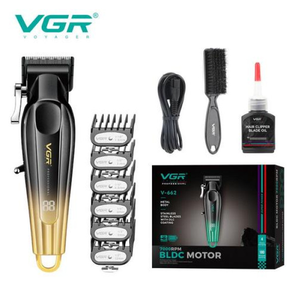 Аккумуляторная машинка для стрижки (clipper) VGR V-662 GOLD, 7000 RPM, 6 насадок, LED display