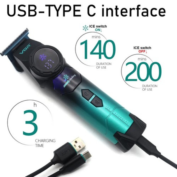 Триммер VGR V-946 с технологией охлаждения ICE TECHNOLOGY, 4 насадки, 8000 RPM, 3000 mAh, LED display