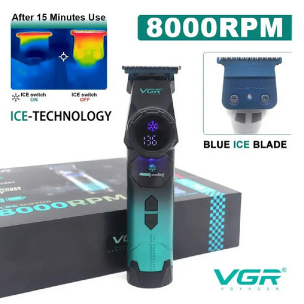 Триммер VGR V-946 с технологией охлаждения ICE TECHNOLOGY, 4 насадки, 8000 RPM, 3000 mAh, LED display