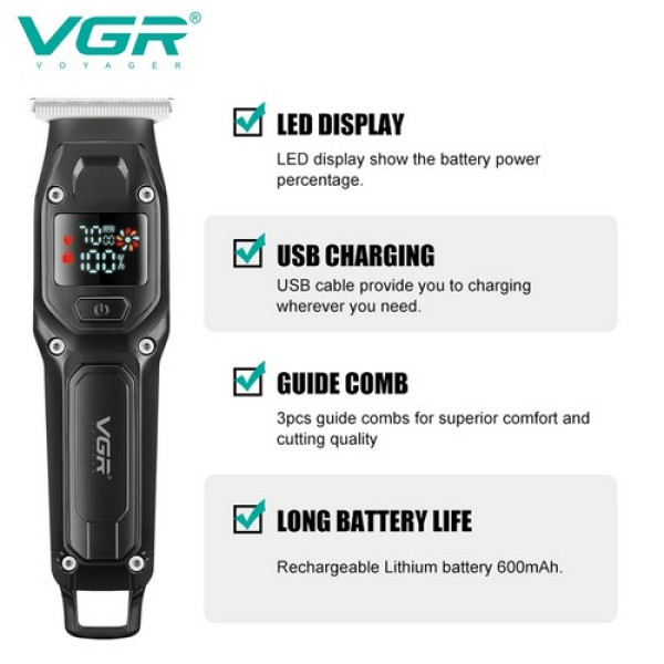 Профессиональный триммер VGR V-964 BLACK, 7000 RPM, 4 насадки, LED display