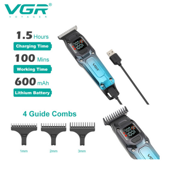 Профессиональный триммер VGR V-964 BLACK, 7000 RPM, 4 насадки, LED display
