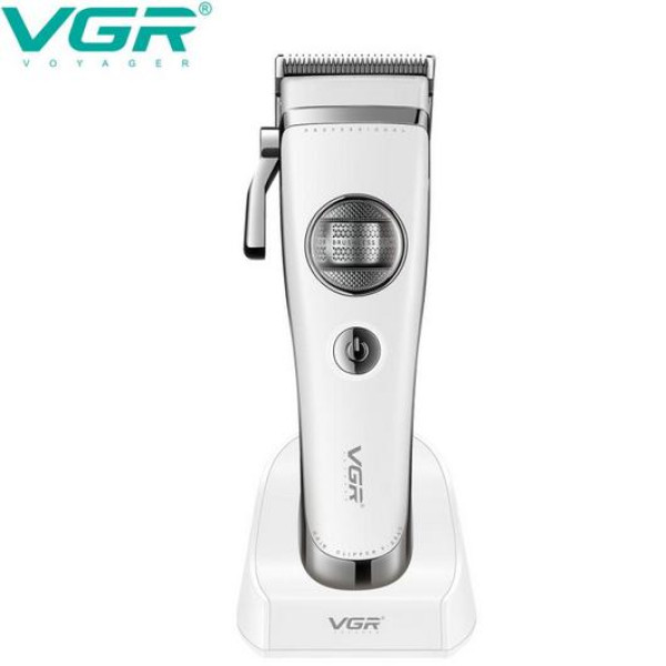 Аккумуляторная машинка для стрижки (clipper) VGR V-880C WHITE, EXTERNAL ROTOR MOTOR, MIM BLADE, 11 насадок, док-станция