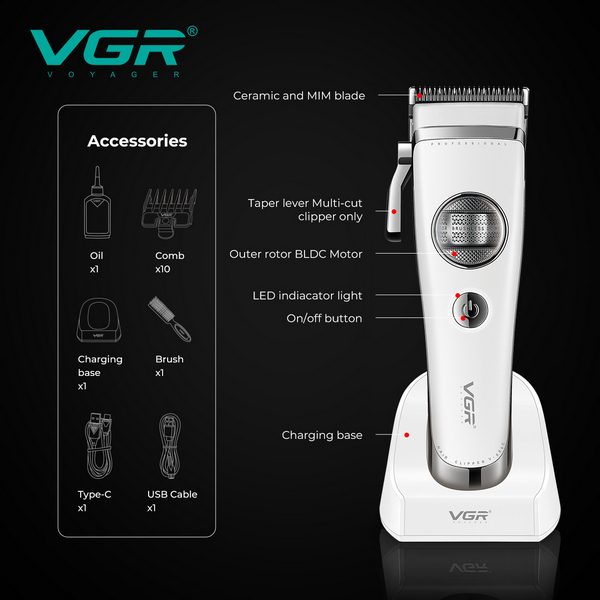 Аккумуляторная машинка для стрижки (clipper) VGR V-880C WHITE, EXTERNAL ROTOR MOTOR, MIM BLADE, 11 насадок, док-станция