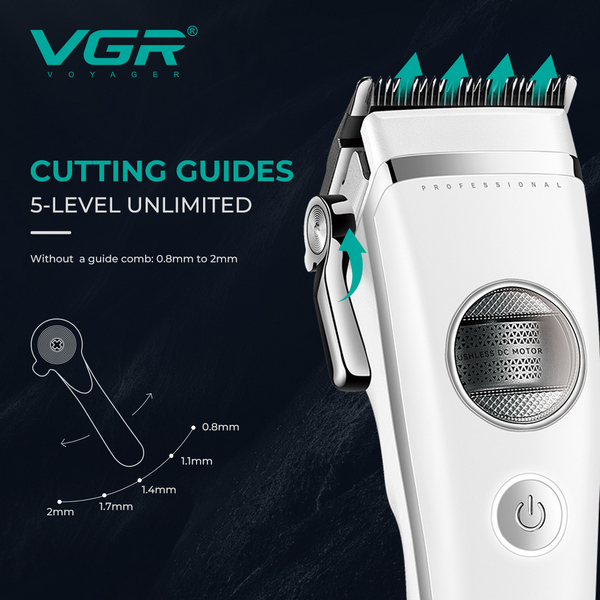 Аккумуляторная машинка для стрижки (clipper) VGR V-880C WHITE, EXTERNAL ROTOR MOTOR, MIM BLADE, 11 насадок, док-станция