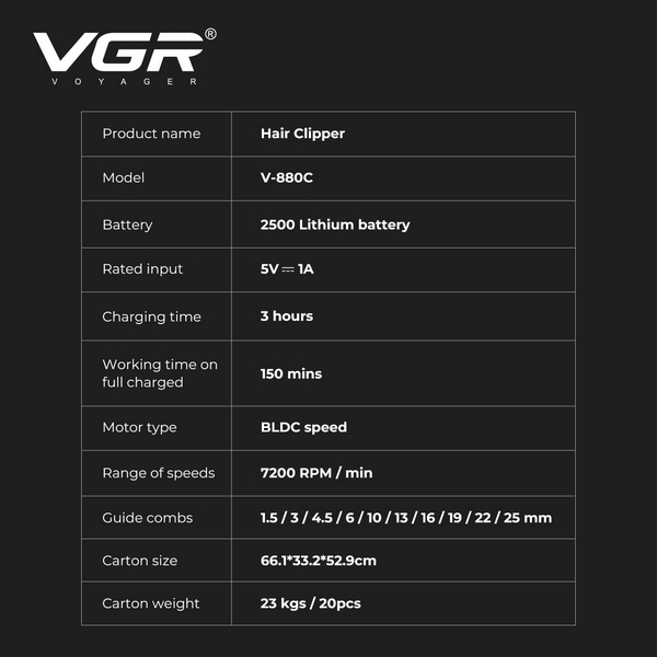 Аккумуляторная машинка для стрижки (clipper) VGR V-880C WHITE, EXTERNAL ROTOR MOTOR, MIM BLADE, 11 насадок, док-станция