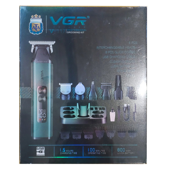 Набор для стрижки 6 в 1 VGR V-117 GREEN, 14 насадок, LED Display