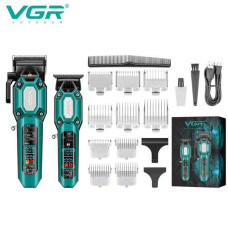 Комплект VGR 2 в 1 V-600&900 GREEN, аккумуляторная машинка для стрижки (clipper) и триммер, 10 насадок, LED display, 7000 RPM