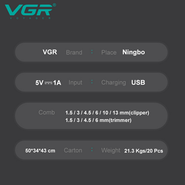 Комплект VGR 2 в 1 V-600&900 GREEN, акумуляторна машинка для стрижки (clipper) і тример, 10 насадок, LED display, 7000 RPM