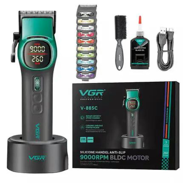 Аккумуляторная  машинка для стрижки (clipper) VGR VV-885C GREEN, 10 насадок, LED display
