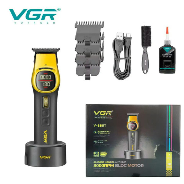 Триммер для стрижки VGR V885T с BLDC-мотором LED-дисплеем 4 насадки Золотистый