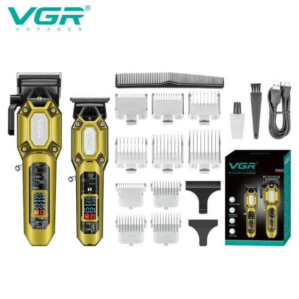 Комплект VGR 2 в 1 V-600&900 GOLD, аккумуляторная машинка для стрижки (clipper) і триммер, 10 насадок, LED display, 7000 RPM