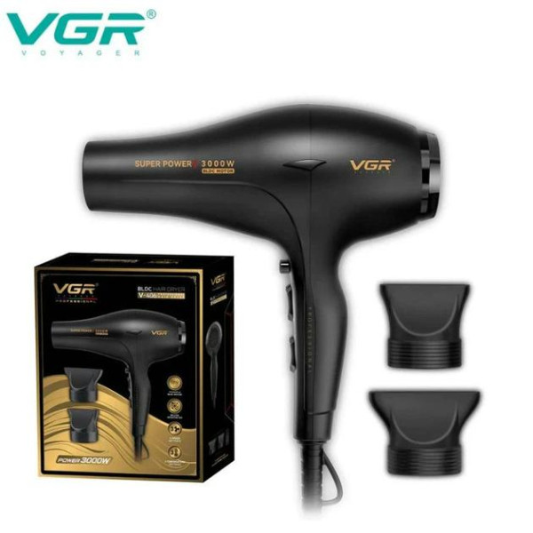 Фен профессиональный VGR V-406 BLACK, 3 уровня обдува, 3 уровня температуры, 2 насадки, 3000 Вт