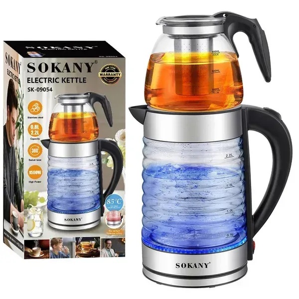 Чайник електричний із заварником прозорий SOKANY SK-09054