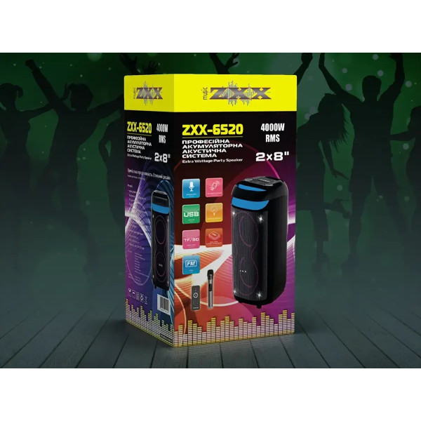 Акустична переносна колонка ZXX-6520 80Вт 2x8" 68х31х30 см USB/TWS/SD/REC/LED/FM/BT/MIC/ДК 6290 