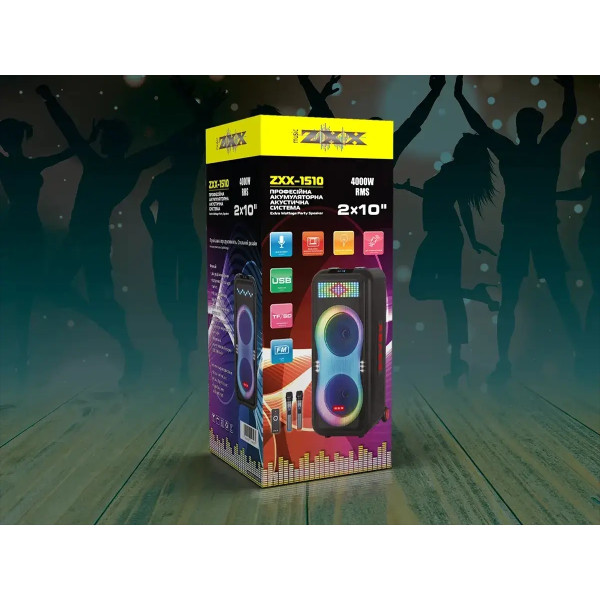 Акустична переносна колонка ZXX-1510 100Вт 2x10" 91х34х33см USB/TF/REC/LED/EQ/FM/BT/2MIC/ДК  6296