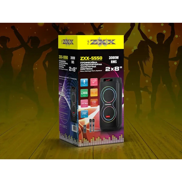Акустична переносна колонка ZXX-5550 80Вт 2x8" 71х31х28см USB/TWS/TF/REC/LED/EQ/FM/BT/2MIC/ДК 