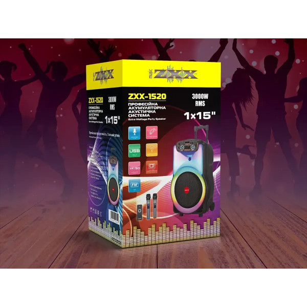 Акустическая переносная колонка ZXX-1520 120Вт 1x15" 66х34х33см USB/TWS/TF/REC/LED/EQ/FM/BT/2MIC/ДК