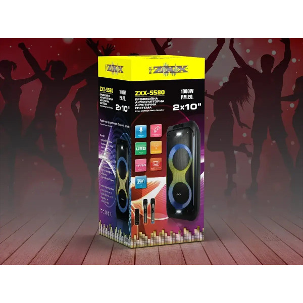 Акустическая переносная колонка ZXX-5580 80Вт 2x10" 86х32х32 см USB/TWS/TF/LED/FM/BT/2MIC/ДК 