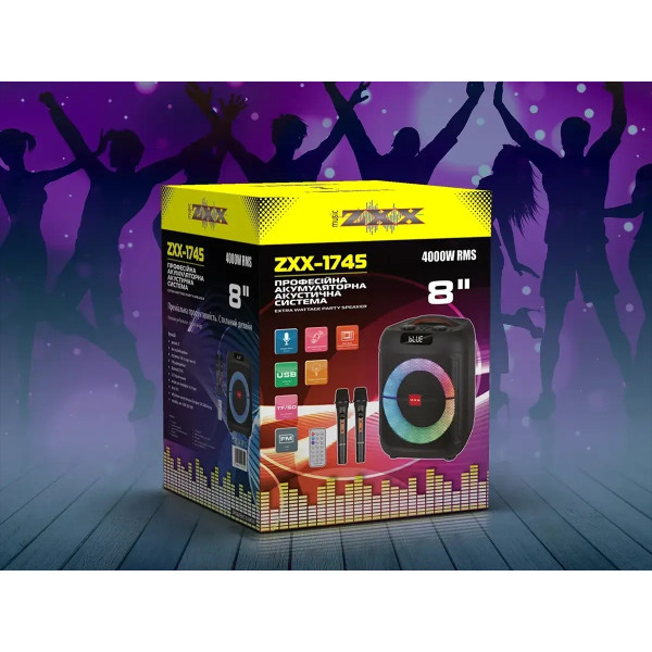 Акустическая переносная колонка ZXX-1745 60Вт 8" TWS/FM/USB/TF/BT/LED/ДК/2MIC 