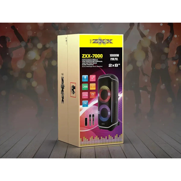 Акустична переносна колонка ZXX-7000 120Вт 2x8" TWS/FM/USB/TF/BT/REC/LED/2MIC/ДК 