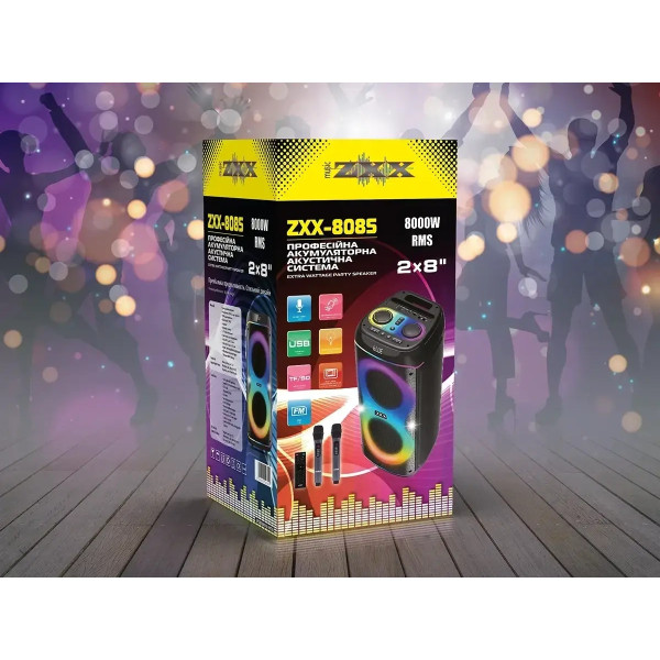 Акустическая переносная колонка ZXX-8085 80Вт 2x8" TWS/FM/USB/TF/BT/LED/REC/2MIC/ДК