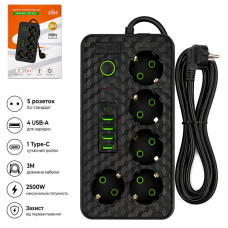 Сетевой удлинитель на 5 розеток и USB-A/C портами 3 метра 2500W Черный AD26-21