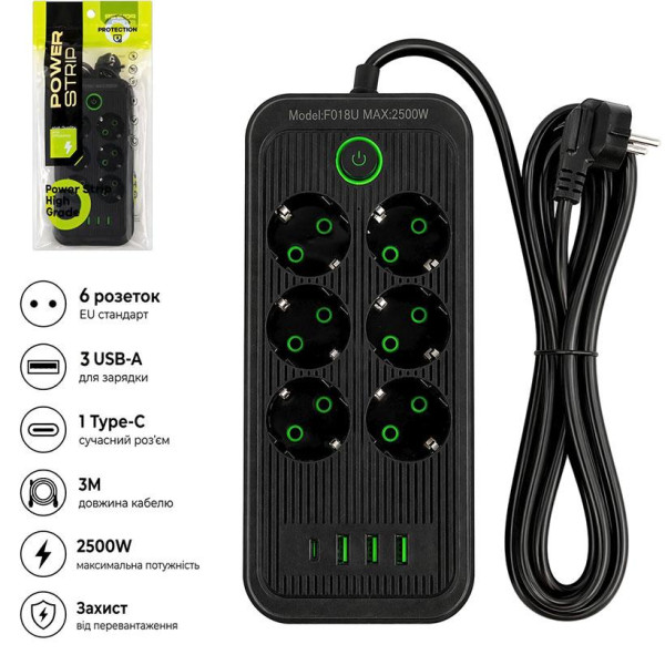 Сетевой удлинитель на 6 розетками и USB-A/C портами 3 метра 2500W Черный AD26-18
