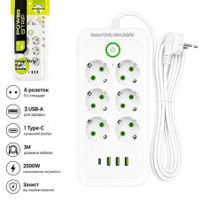 Сетевой удлинитель на 6 розетками и USB-A/C портами 3 метра 2500W Белый AD26-19