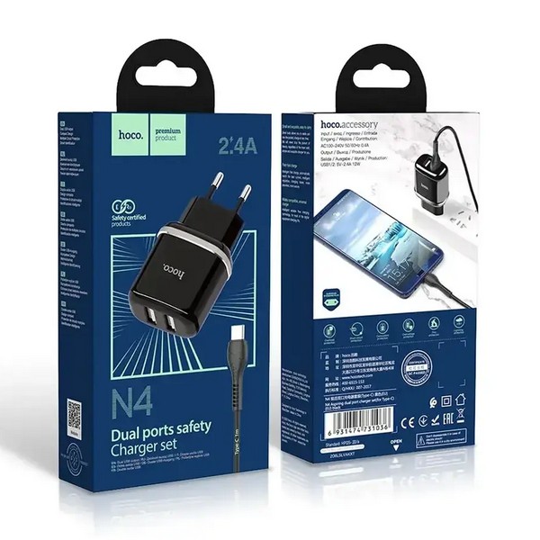 Зарядний пристрій Hoco N4 Aspiring USB - Type-C (2USB) (2.4A)