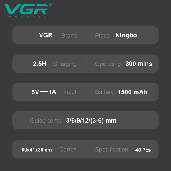 Набор для стрижки VGR 5 в 1 V-111, 9 насадок, LED display