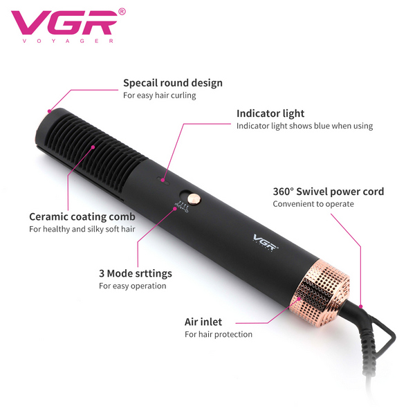 Фен-щетка стайлер VGR 3 в 1 V-490, 3 режима, сменная насадка, керамическое покрытие