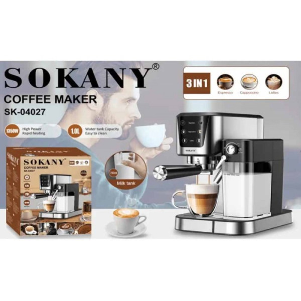 Сенсорна електрична кавоварка ріжкова SOKANY SK-04027, 1350вт, 20 бар, еспресо, капучино і латте