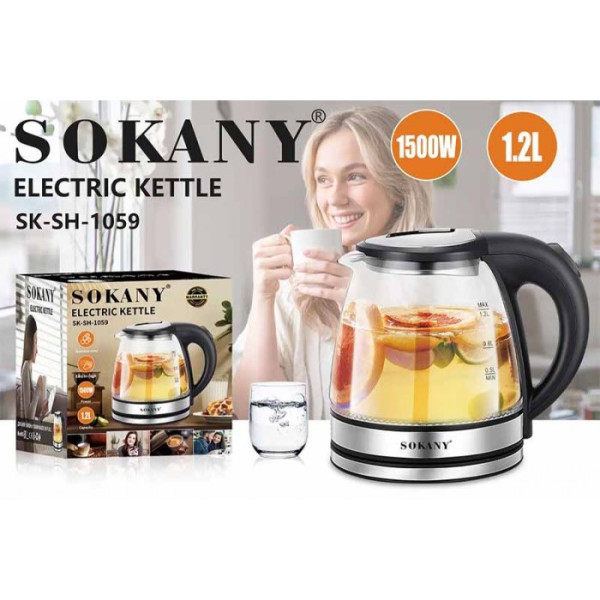 Электрический чайник с подсветкой и автоотключением SOKANY SK-SH-1059, 1.2л, 1500вт