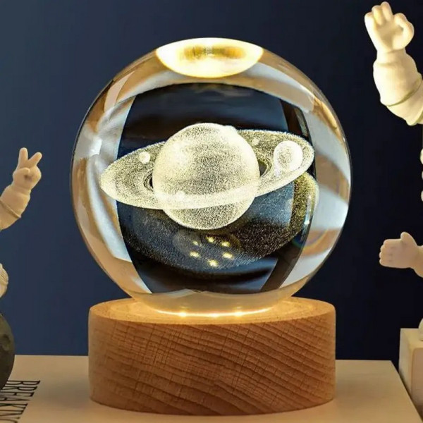 3D ночник 6 дюймов 8см Сатурн на деревянной подставке с LED подсветкой USB