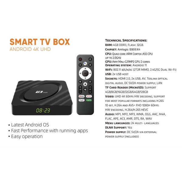 TV BOX приставка Amlogic S905X4 chipset with 4GB+32GB and Bluetooth remote control U3 mini